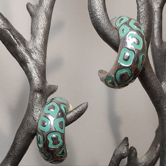 Simon Sebbag Design SSD Clip On Silver Animal Print Hoop Earrings, Turquoise - Picture 2 of 8